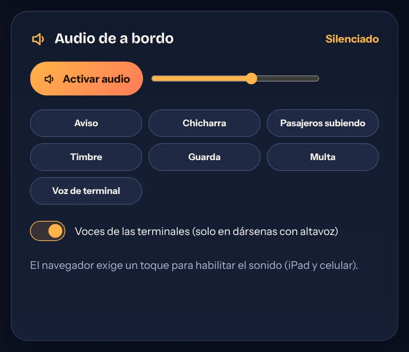 Audio de a bordo con botones de prueba