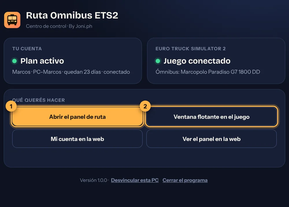 Centro de control con el plan activo y el juego conectado