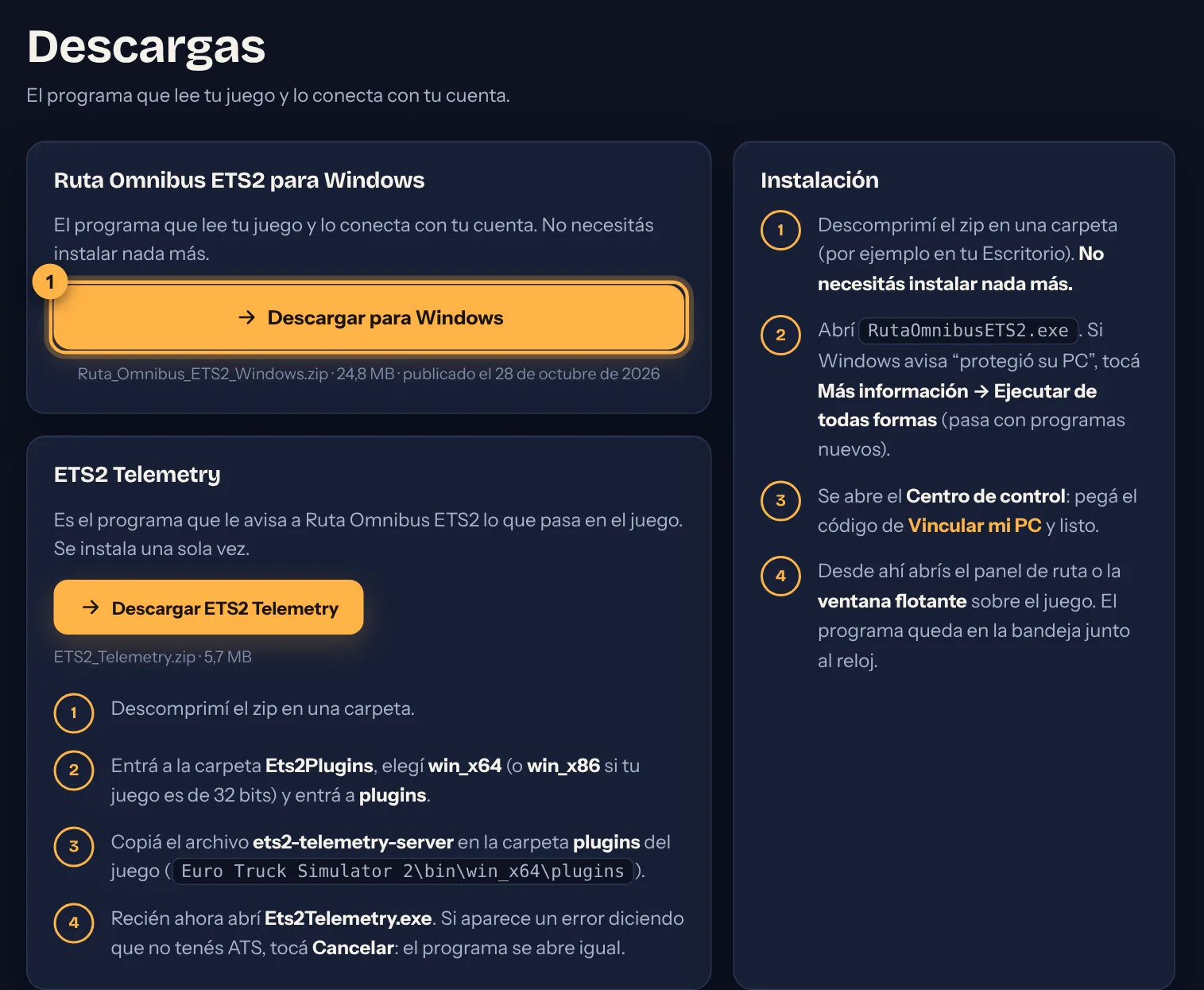 Página Descargas de la web con el botón Descargar para Windows