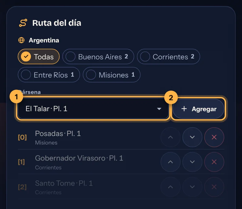 Lista de dársenas y botón Agregar